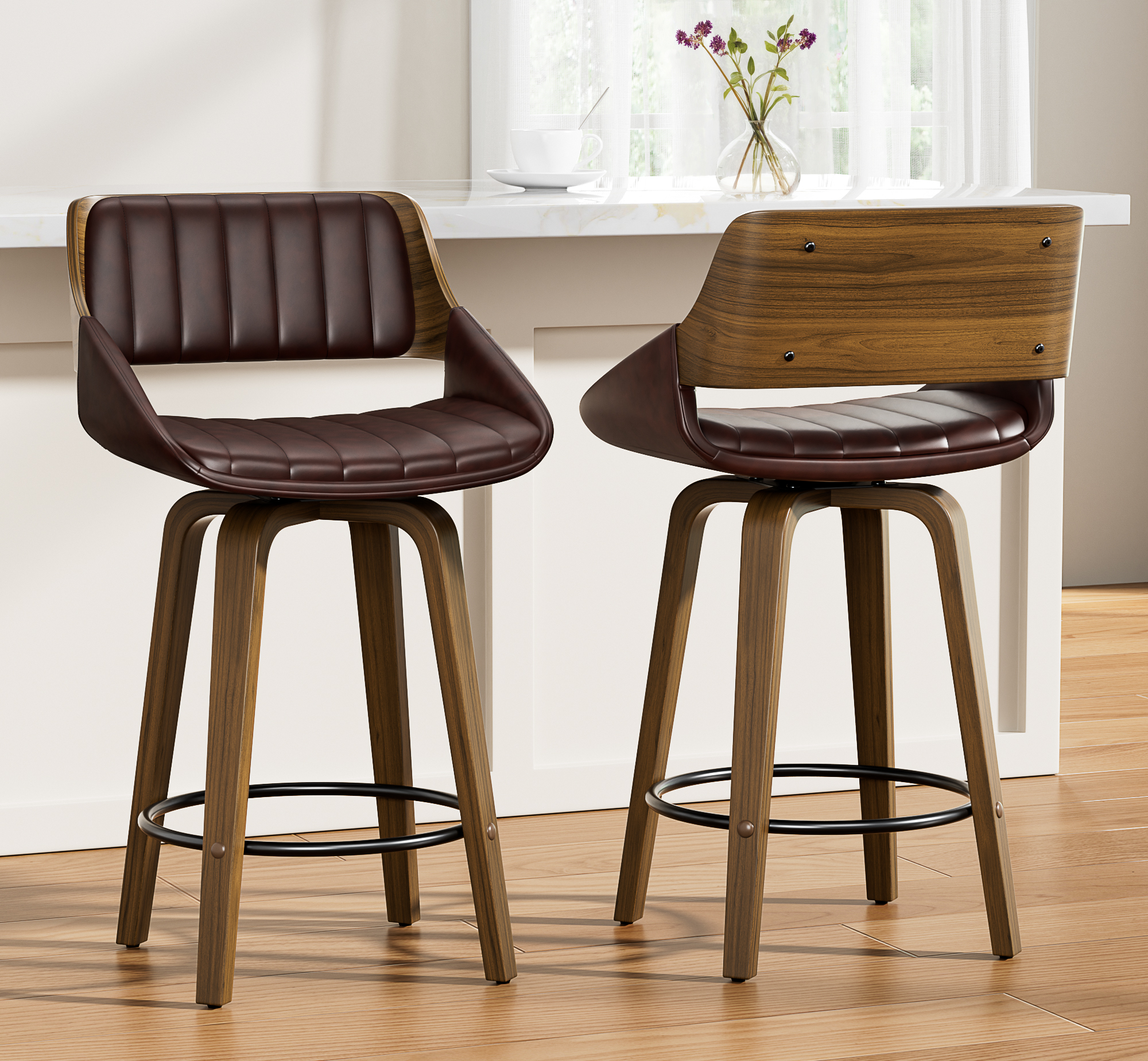 LainTene 26" Swivel Counter Height Bar Stool with Walnut Bentwood Frame, Faux Leather Seat & Footrest, Mid-Century Modern Chair for Kitchen Island, Bar, or Café (Set of 2)