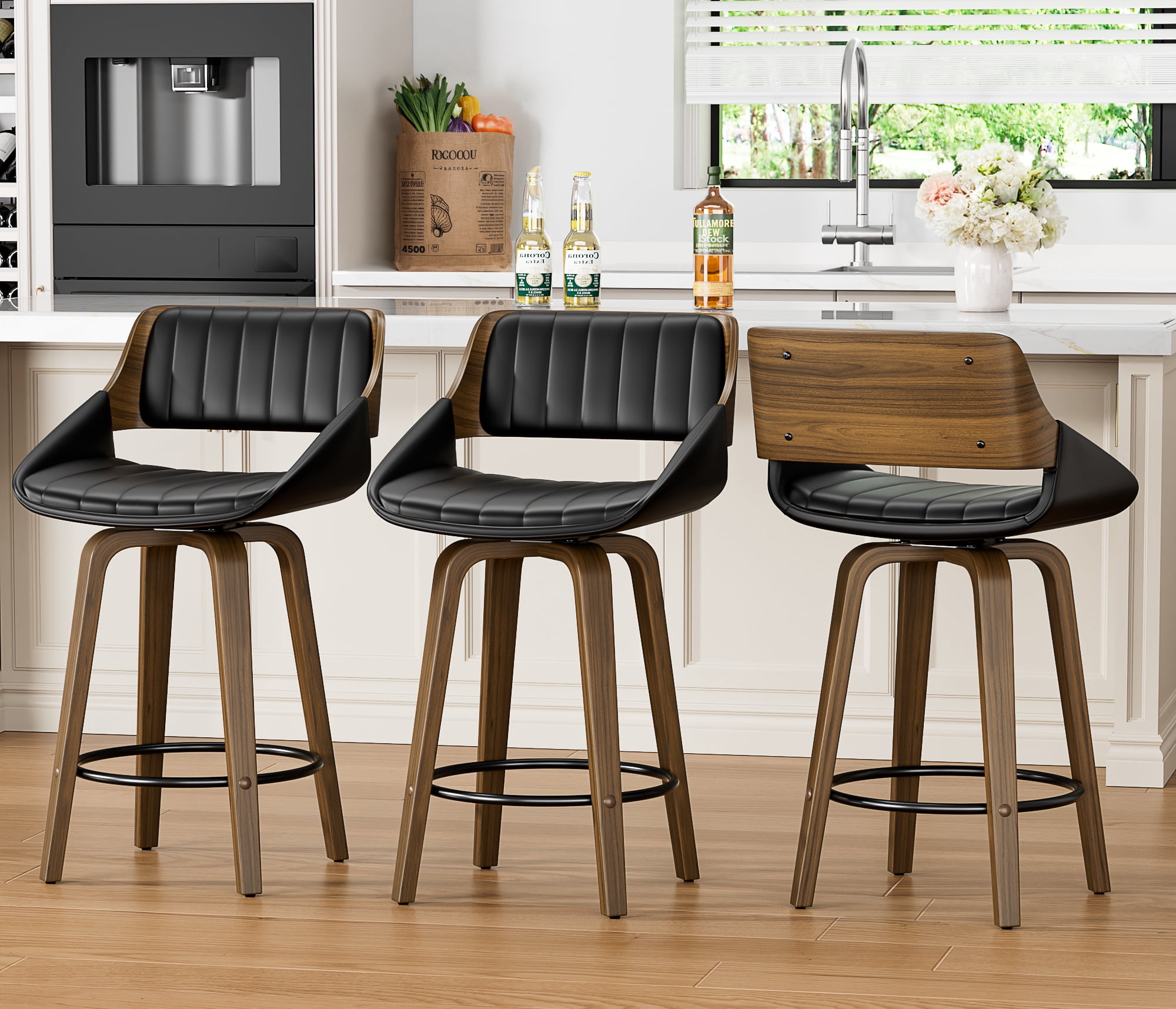 LainTene 26" Swivel Counter Height Bar Stool with Walnut Bentwood Frame, Faux Leather Seat & Footrest, Mid-Century Modern Chair for Kitchen Island, Bar, or Café (Set of 3)