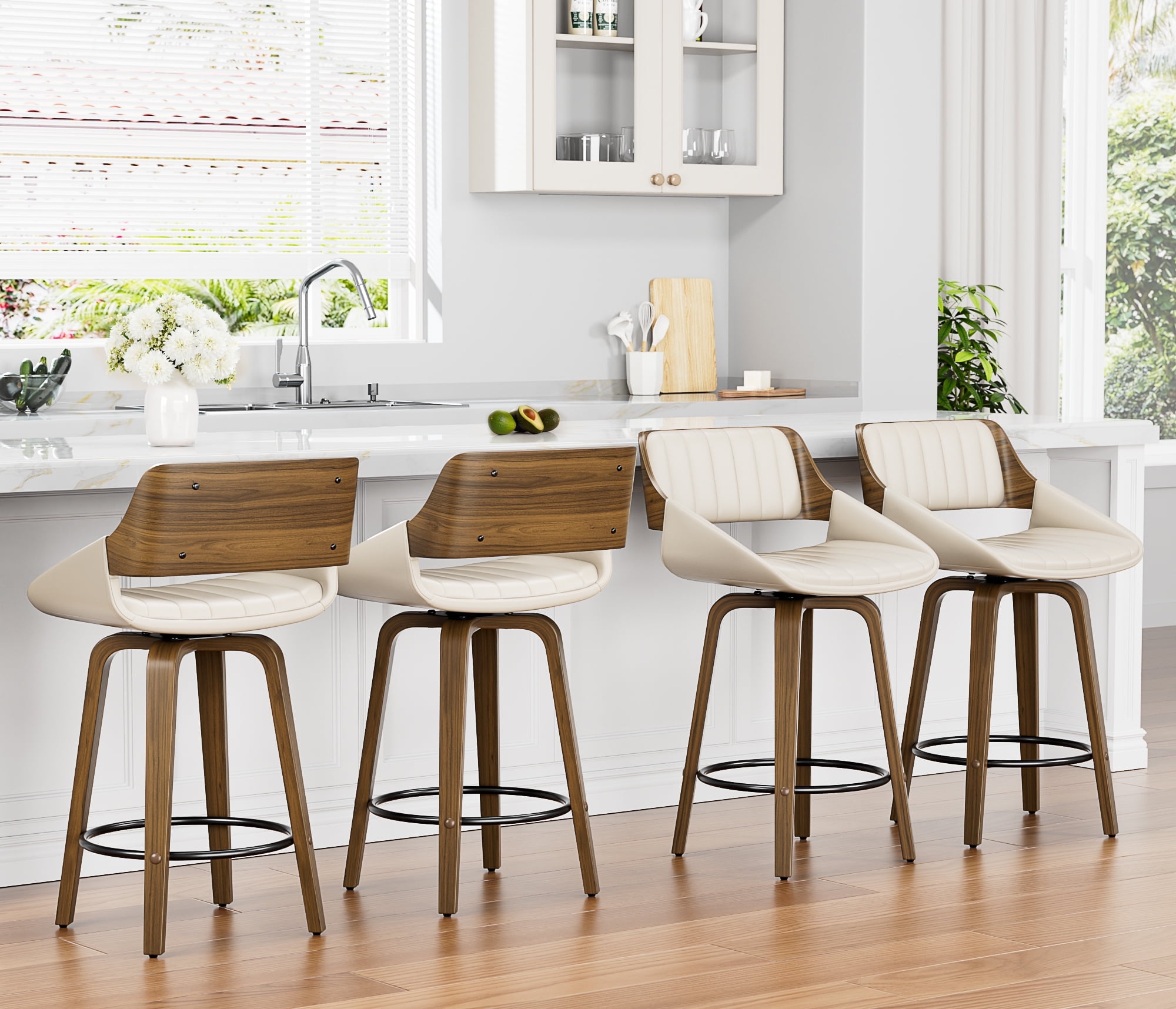 LainTene 26" Swivel Counter Height Bar Stool with Walnut Bentwood Frame, Faux Leather Seat & Footrest, Mid-Century Modern Chair for Kitchen Island, Bar, or Café (Set of 4)