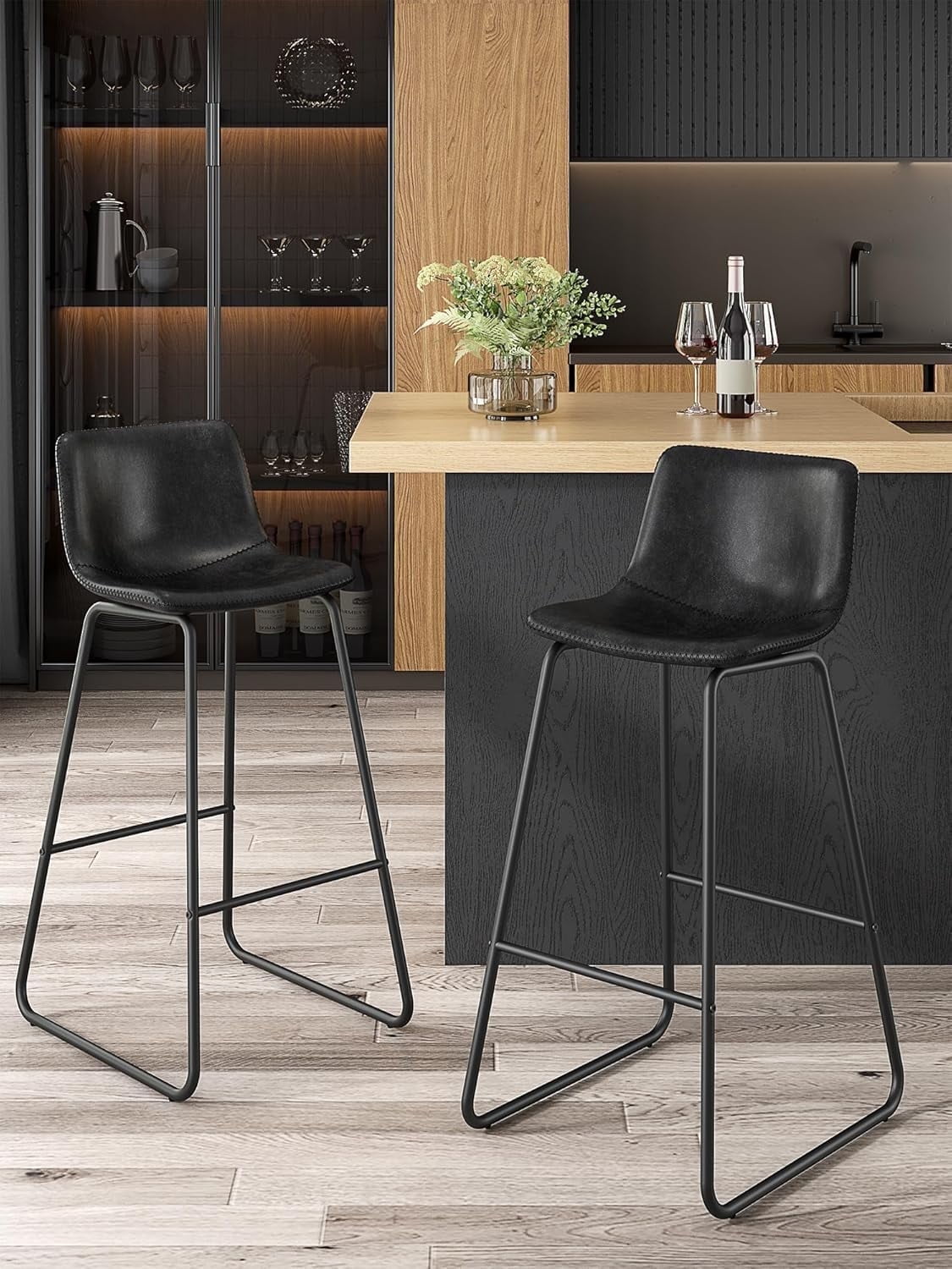 LainTene 30" Bar Stools Set of 2 – Faux Leather Counter Height Stools with Backrest & Footrest, Heavy-Duty Metal Frame for Kitchen, Bar, Living Room, Black