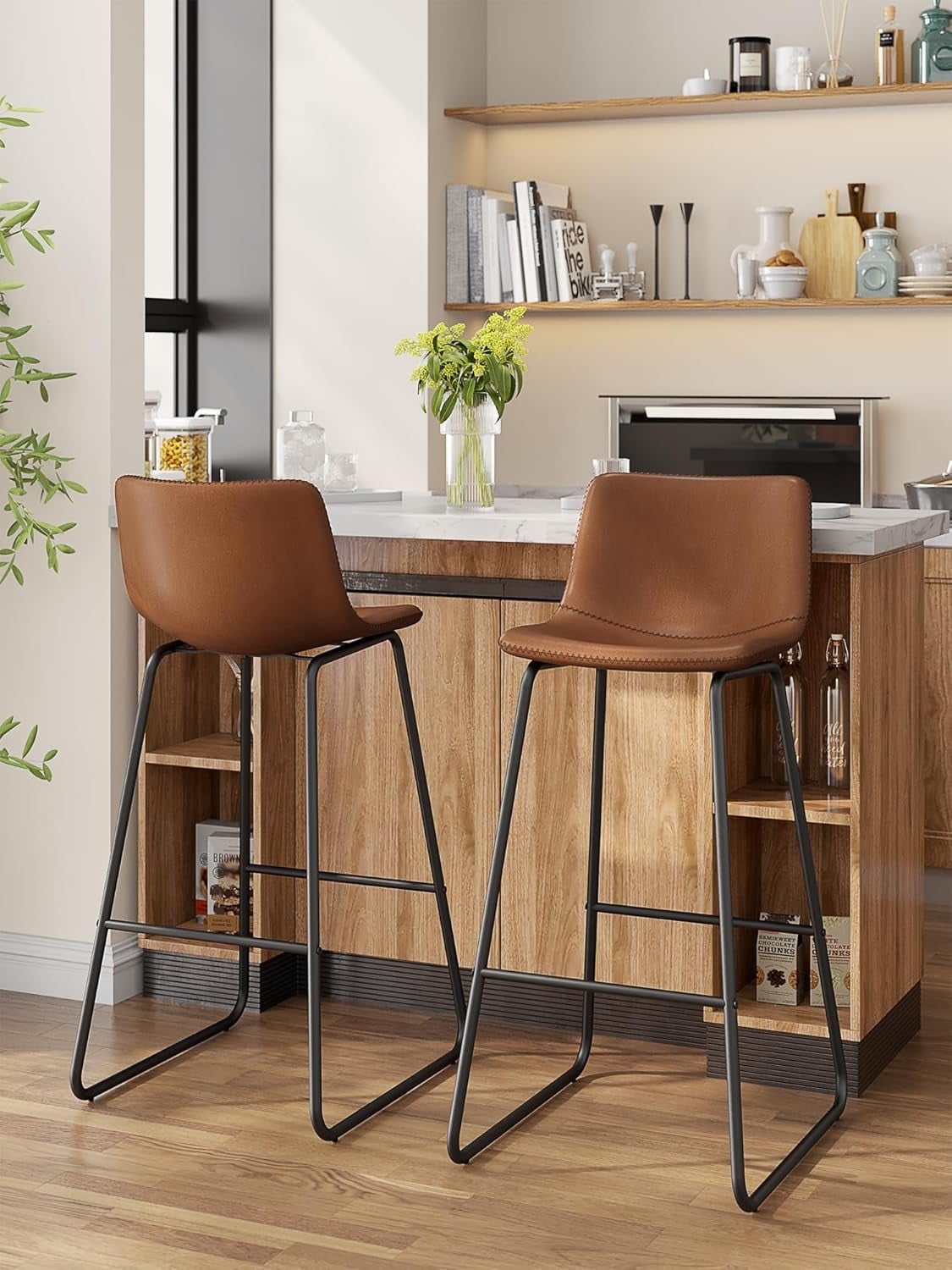 LainTene 30" Bar Stools Set of 2 – Faux Leather Counter Height Stools with Backrest & Footrest, Heavy-Duty Metal Frame for Kitchen, Bar, Living Room, Dark Brown
