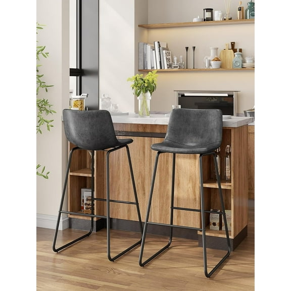 LainTene 30" Bar Stools Set of 2 – Faux Leather Counter Height Stools with Backrest & Footrest, Heavy-Duty Metal Frame for Kitchen, Bar, Living Room, Gray