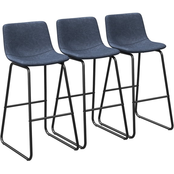 LainTene 30" Bar Stools Set of 3 – Faux Leather Counter Height Stools with Backrest & Footrest, Heavy-Duty Metal Frame for Kitchen, Bar, Living Room, Blue