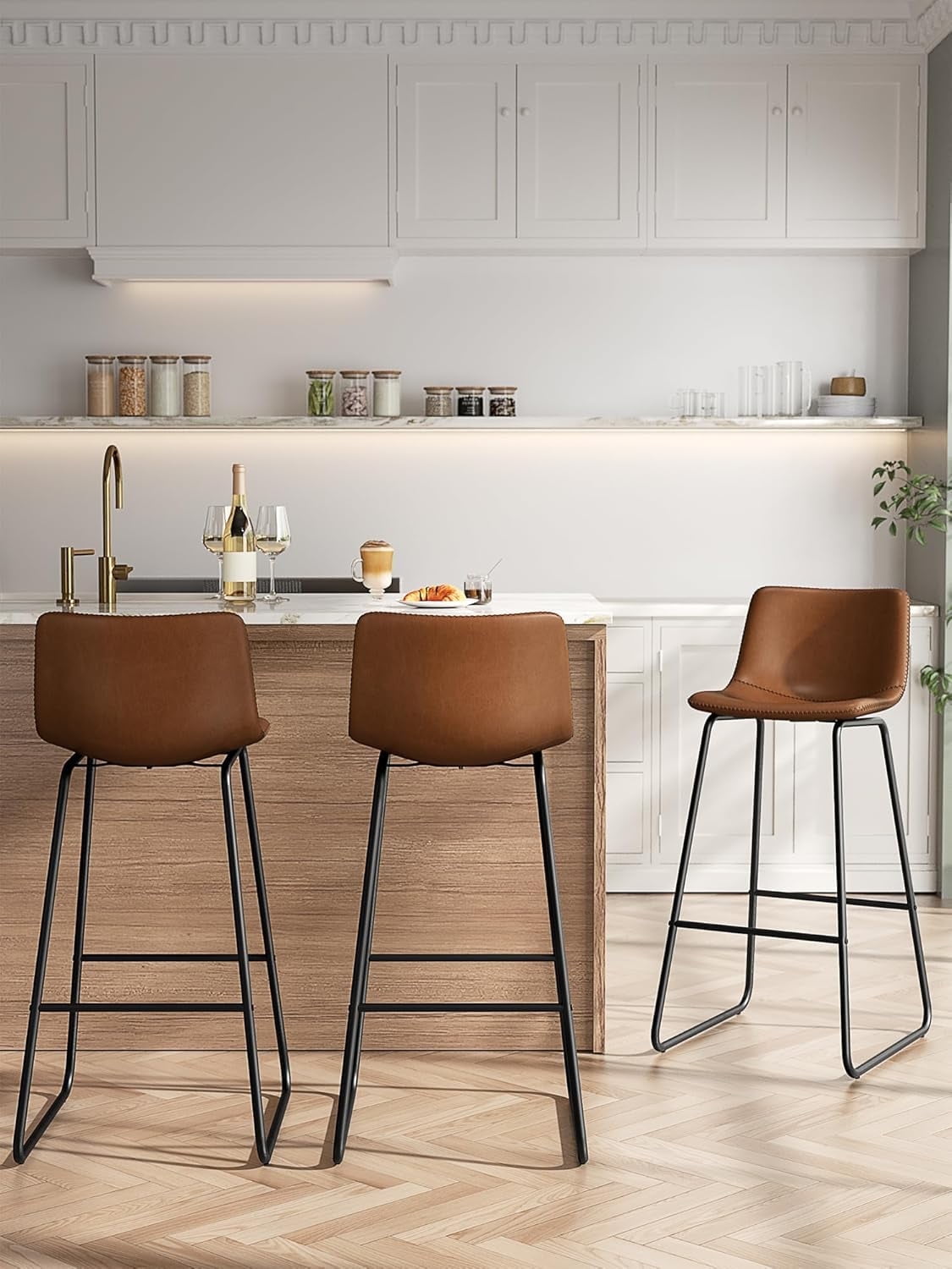 LainTene 30" Bar Stools Set of 3 – Faux Leather Counter Height Stools with Backrest & Footrest, Heavy-Duty Metal Frame for Kitchen, Bar, Living Room, Dark Brown