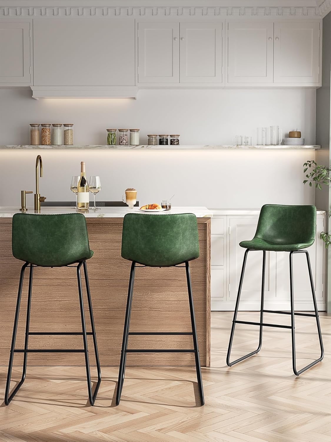 LainTene 30" Bar Stools Set of 3 – Faux Leather Counter Height Stools with Backrest & Footrest, Heavy-Duty Metal Frame for Kitchen, Bar, Living Room, Green