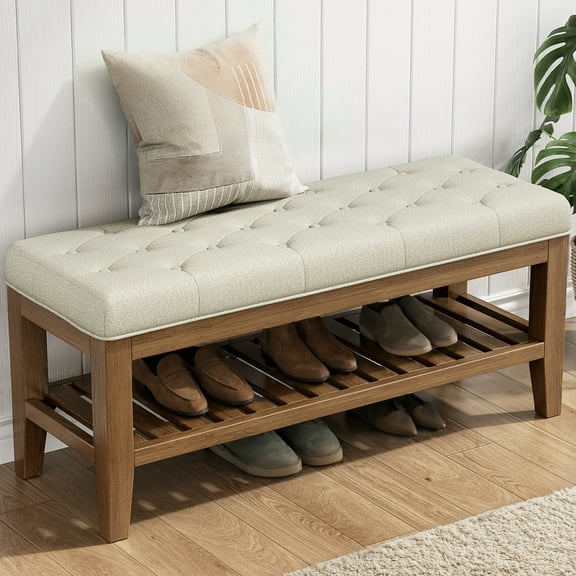 LainTene 42.9'' Bed Bench Solid Wood Shelf, Entryway Shoe Bench Linen Fabric Storage Ottoman Bench with Solid Wood Legs Padded Window Seat for Living Room, Bedroom and Hallway, Beige