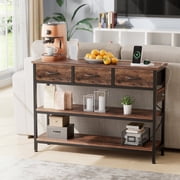 Laintene 43.3 Console Table with Power Outlets & USB Ports, Narrow Sofa Table with 3 Fabric Drawers for Hallway, Foyer, Living Room, Rustic Brown
