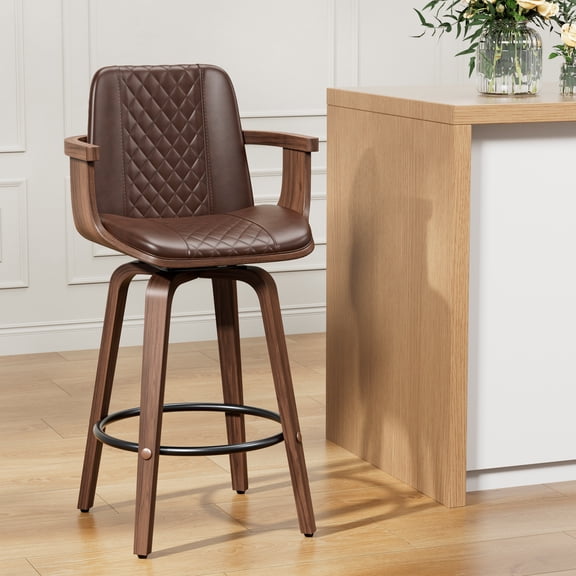 LainTene Bar Stools, 26" Bentwood Barstools with Arms High Back, Mid-Century Modern Counter Height Swivel Bar Chairs for Kitchen Island