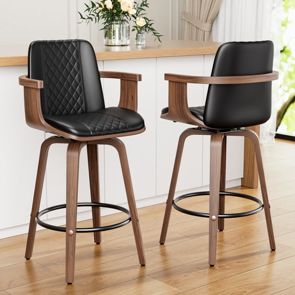 LainTene Bar Stools Set of 2, 26" Bentwood Barstools with Arms High Back, Mid-Century Modern Counter Height Swivel Bar Chairs for Kitchen Island