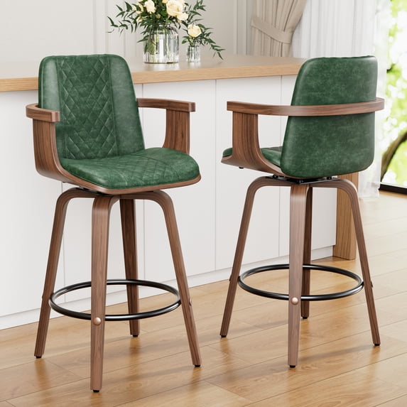 LainTene Bar Stools Set of 2, 26" Bentwood Barstools with Arms High Back, Mid-Century Modern Counter Height Swivel Bar Chairs for Kitchen Island