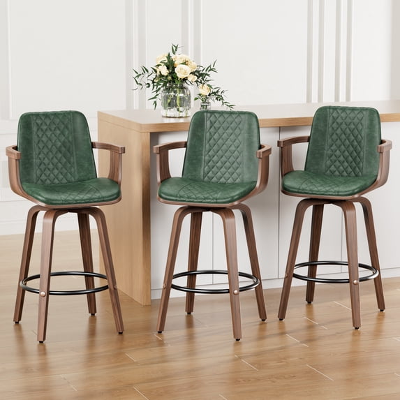 LainTene Bar Stools Set of 3, 26" Bentwood Barstools with Arms High Back, Mid-Century Modern Counter Height Swivel Bar Chairs for Kitchen Island