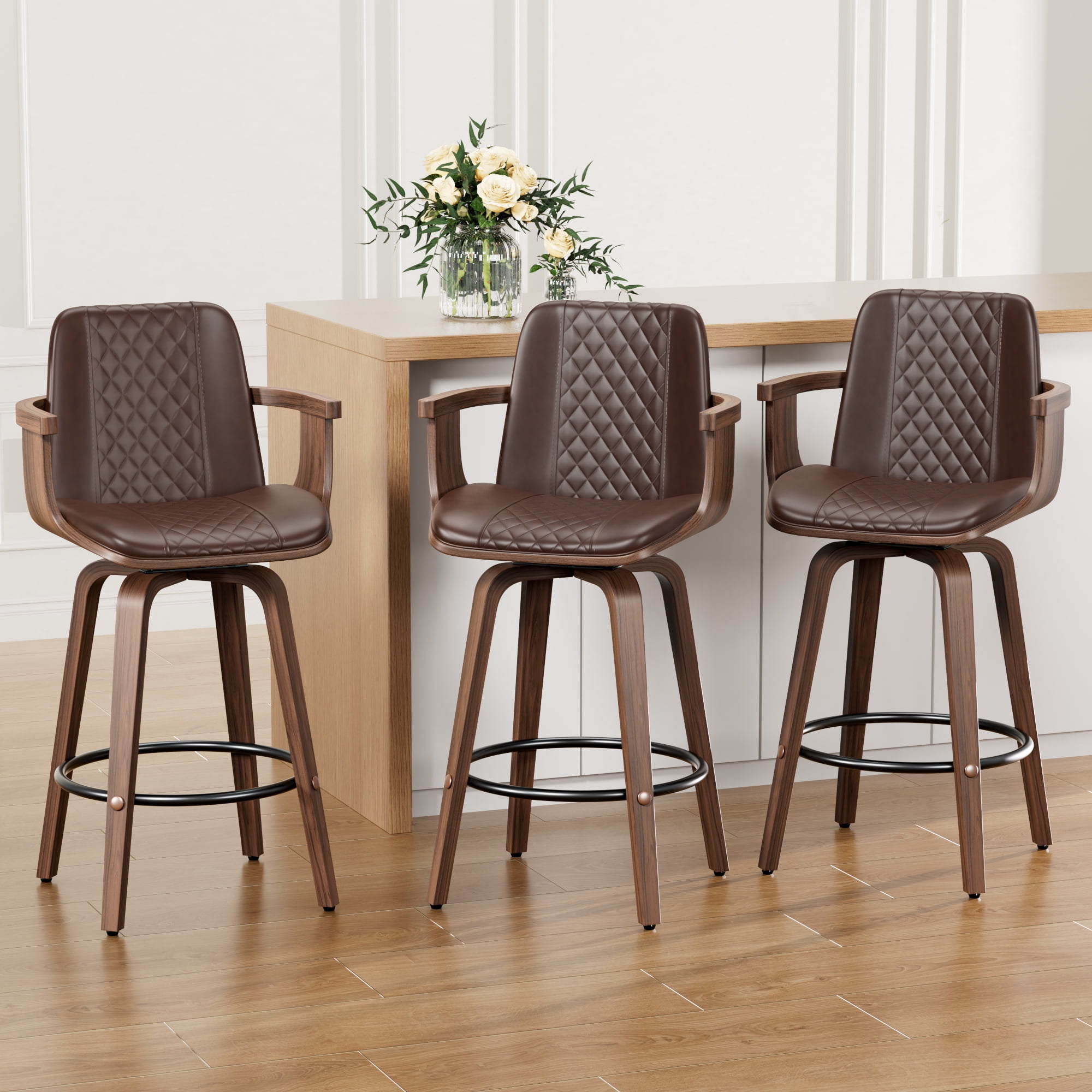 LainTene Bar Stools Set of 3, 26" Bentwood Barstools with Arms High Back, Mid-Century Modern Counter Height Swivel Bar Chairs for Kitchen Island