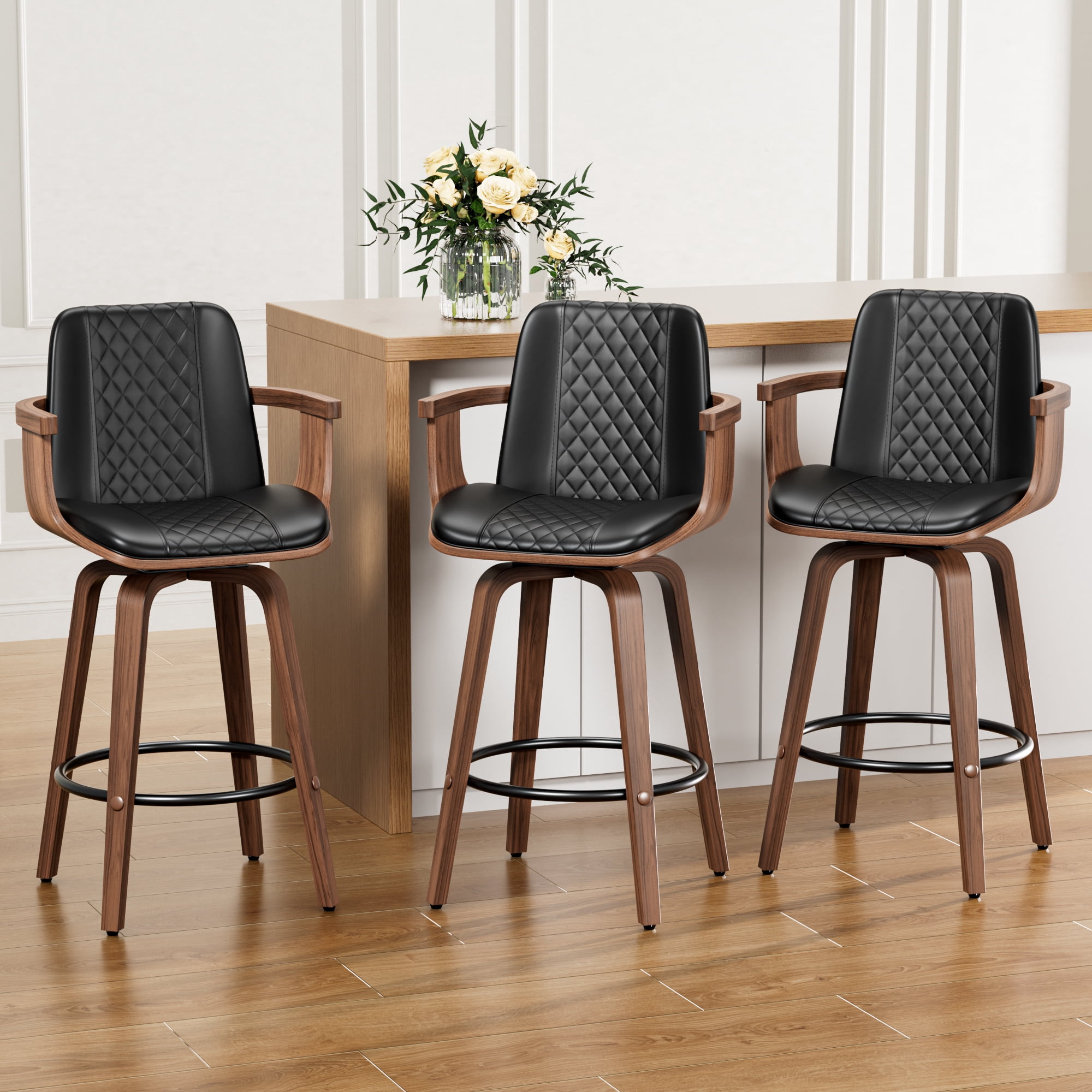 LainTene Bar Stools Set of 3, 26" Bentwood Barstools with Arms High Back, Mid-Century Modern Counter Height Swivel Bar Chairs for Kitchen Island