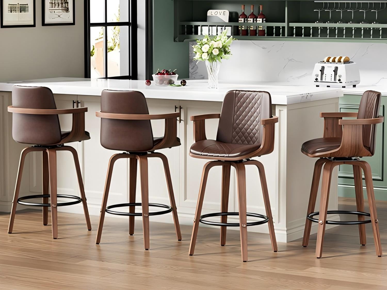 LainTene Bar Stools Set of 4, 26" Bentwood Barstools with Arms High Back, Mid-Century Modern Counter Height Swivel Bar Chairs for Kitchen Island