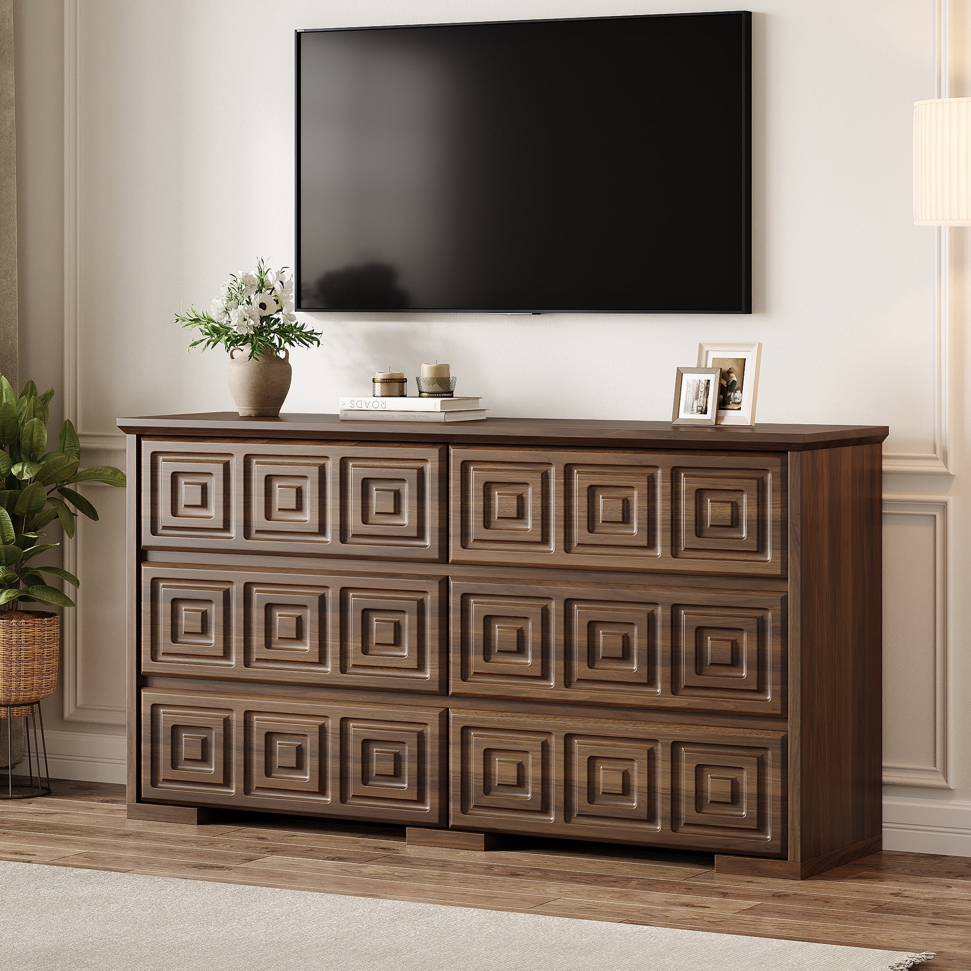 LainTene Farmhouse Dresser for Bedroom, 54" Wooden Chest of Drawers with Handle-Free Design, 6 Drawer Dresser Large Storage Bedroom Furniture, Walnut