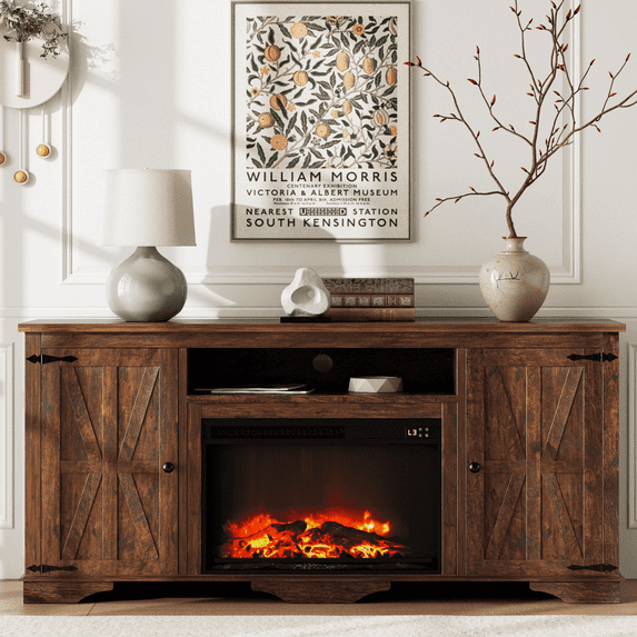 Laintene TV Stand with Fireplace for 65" TV, Electric Fireplace Entertainment Center with Storage Cabinets & Adjustable Shelves, 1400W Heater Farmhouse TV Stand for Living Room, Brown