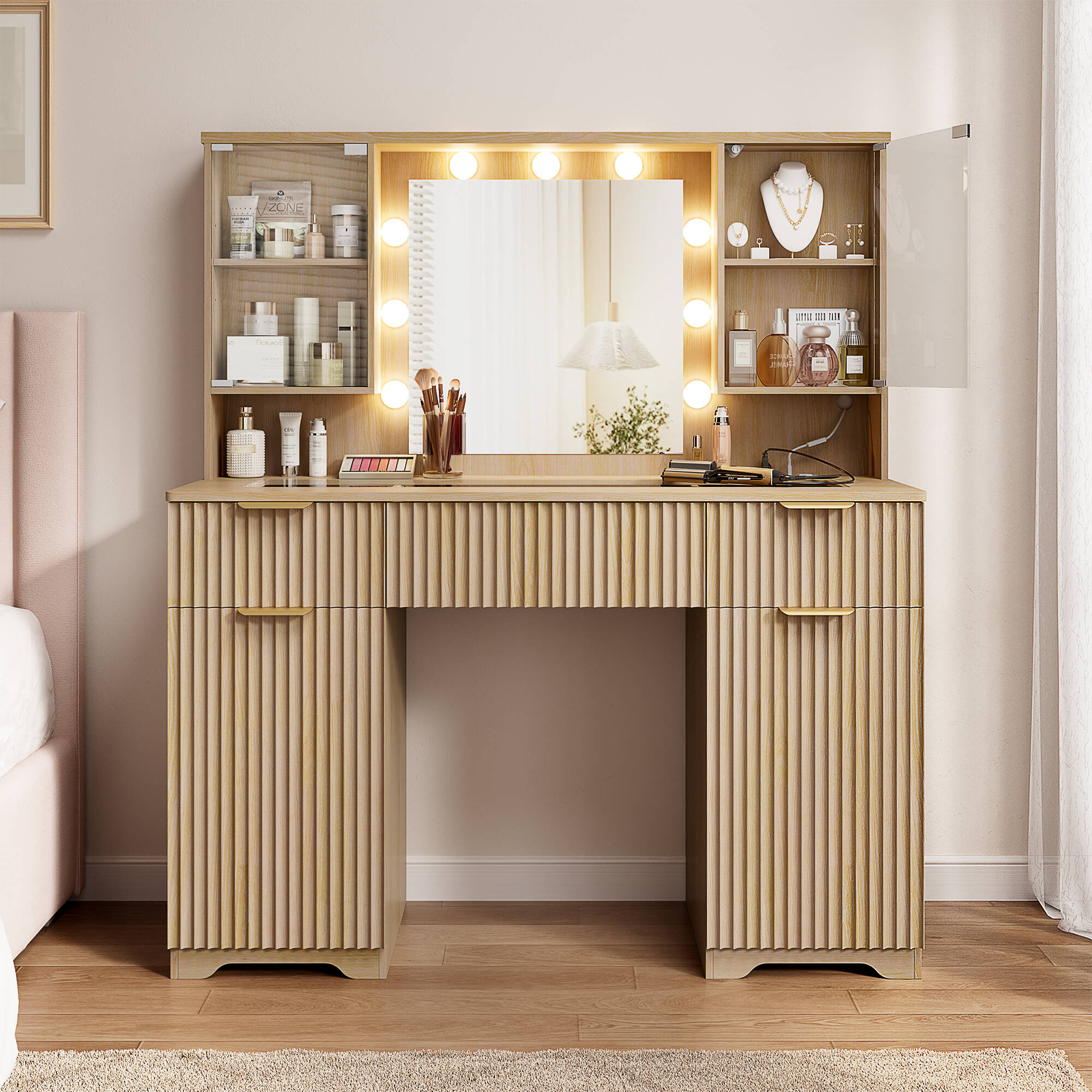 LainTene 47" Get Ready with Me Vanity with Mirror and Lights, Modern Glass Top Vanity with 3 Drawers & 2 Large Storage Cabinets, Fluted Vanity Desk for Female Gift, Natural - Walmart.com
