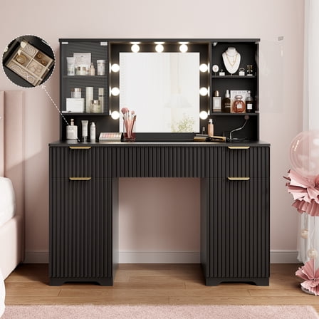 LainTene 47" Lighted Makeup Vanity Table with Mirror, Modern Glass Top Black Vanity with 3 Drawers & 2 Large Storage Cabinets, Fluted Vanity Desk for Female Gift