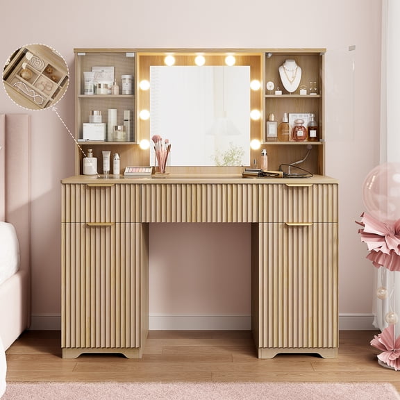 LainTene 47" Get Ready with Me Vanity with Mirror and Lights, Modern Glass Top Vanity with 3 Drawers & 2 Large Storage Cabinets, Fluted Vanity Desk for Female Gift, Natural