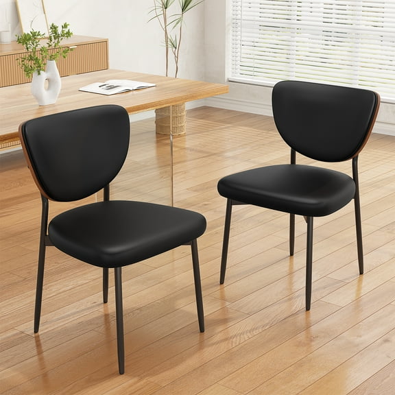 LainTene Mid-Century Modern Dining Chairs Set of 2, PU Leather Upholstered Seats with Walnut Bentwood Backrest, Metal Legs for Kitchen or Dining Room