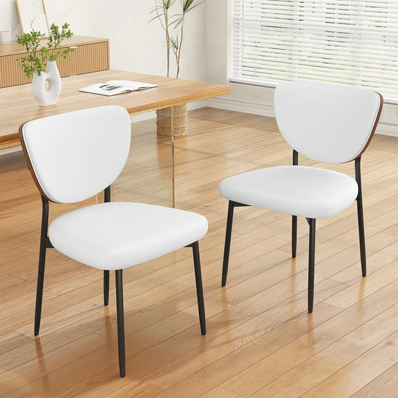 LainTene Mid-Century Modern Dining Chairs Set of 2, PU Leather Upholstered Seats with Walnut Bentwood Backrest, Metal Legs for Kitchen or Dining Room