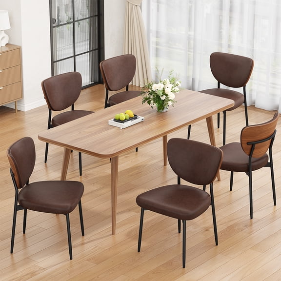 LainTene Mid-Century Modern Dining Chairs Set of 6, PU Leather Upholstered Seats with Walnut Bentwood Backrest, Metal Legs for Kitchen or Dining Room