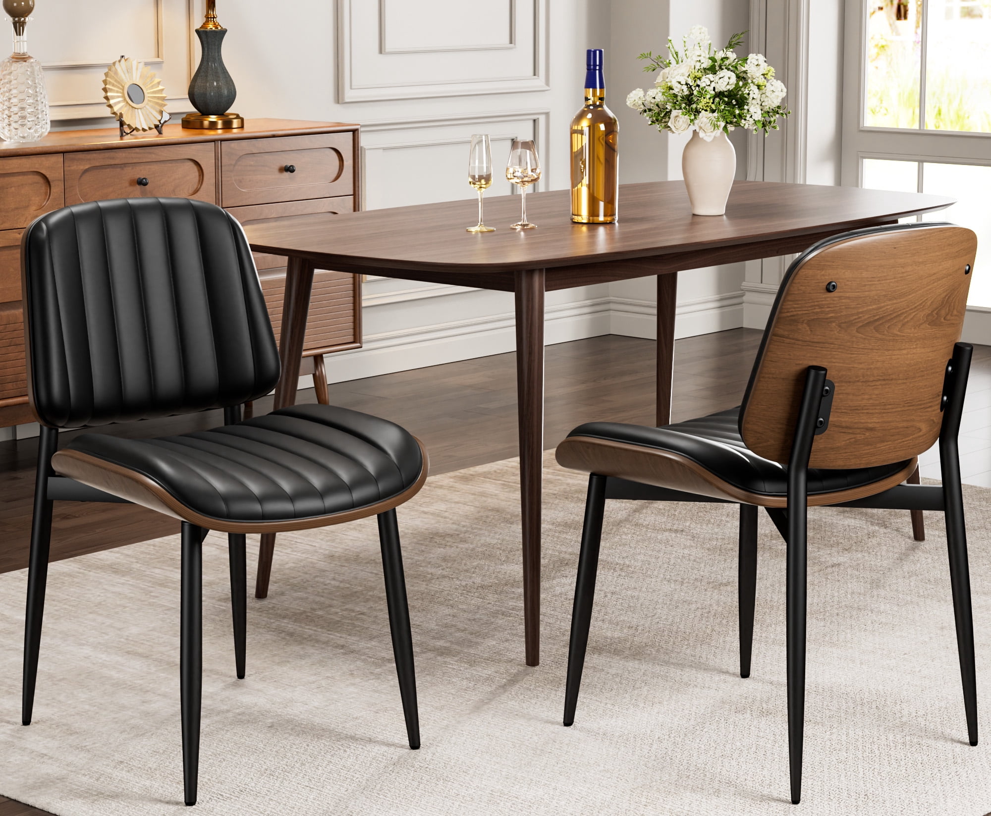 LainTene Modern Dining Room Chairs Set of 2, Faux Leather and Bentwood Design with Metal Legs, Ideal for Kitchen or Dining Space