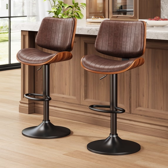 LainTene Set of 2 Swivel Bar Stools with Bentwood Back, Adjustable PU Leather Bar Chairs for Kitchen Island, Counter or Dining Room, Black