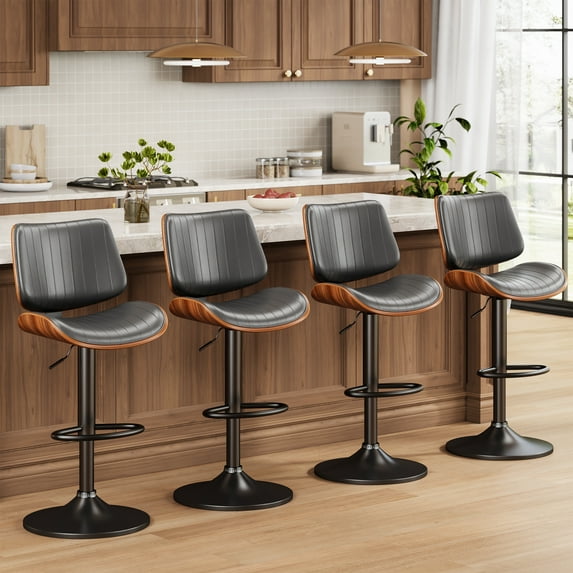 LainTene Set of 4 Swivel Bar Stools with Bentwood Back, Adjustable PU Leather Bar Chairs for Kitchen Island, Counter or Dining Room, Black