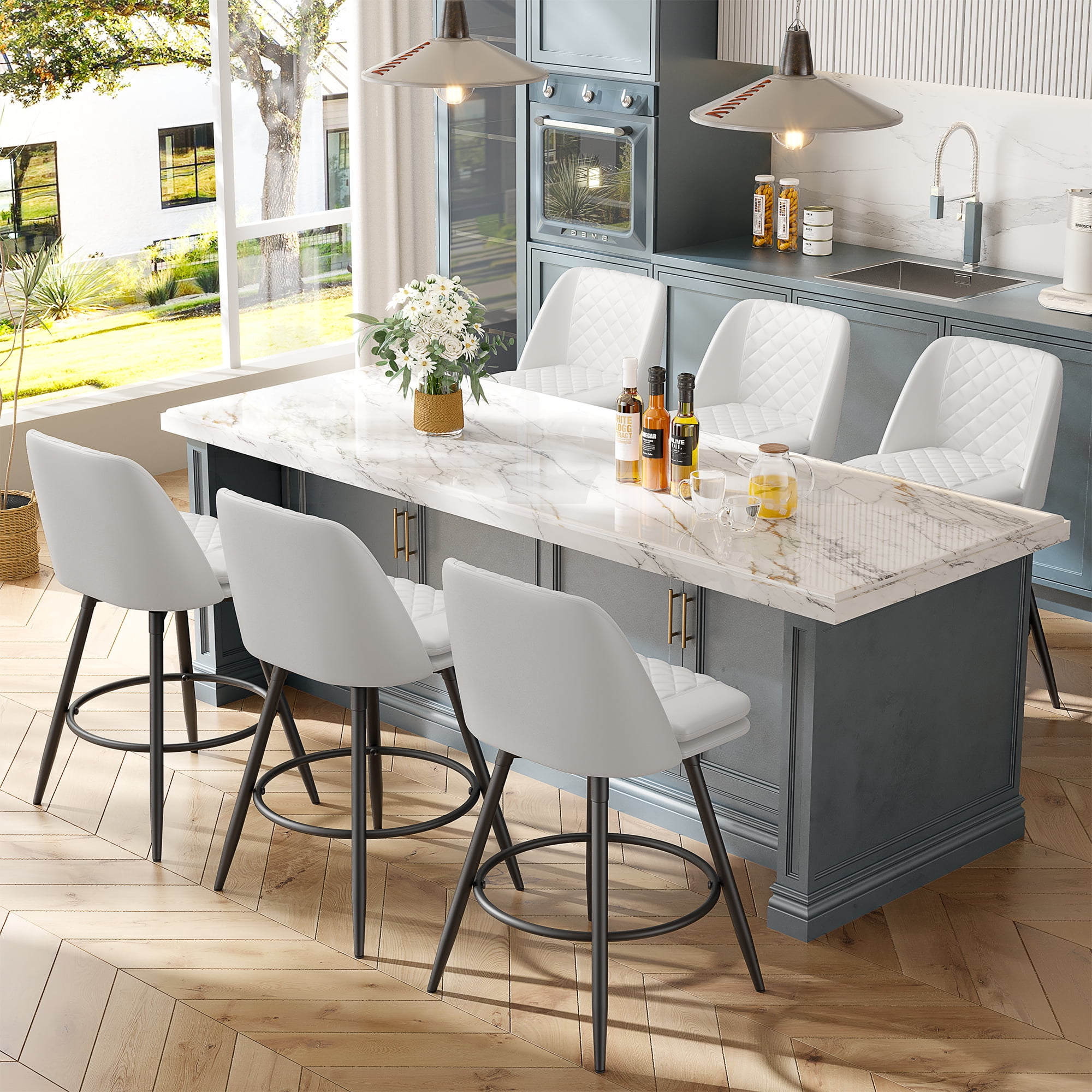 LainTene Swivel Bar Chairs Set of 6, 26-Inch Counter Height Stools with Faux Leather Seats, Footrest & Backrest – Ideal for Kitchen Island or Bar