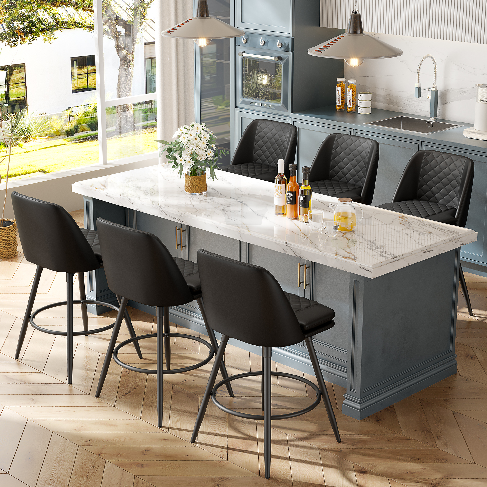 LainTene Swivel Bar Chairs Set of 6, 26-Inch Counter Height Stools with Faux Leather Seats, Footrest & Backrest – Ideal for Kitchen Island or Bar