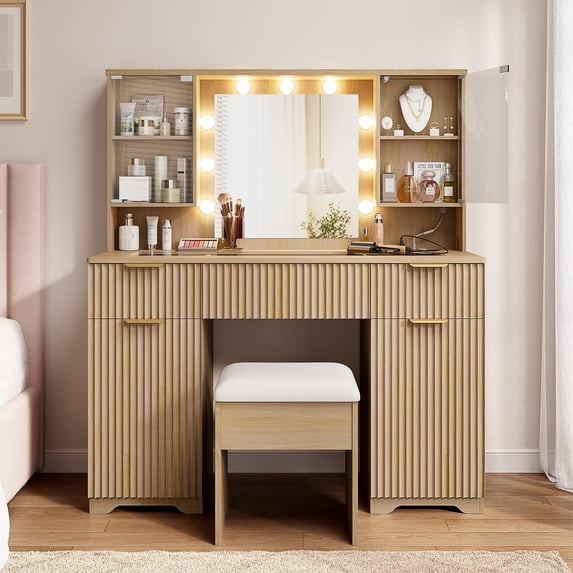 LainTene Get Ready with Me Vanity Set with Mirror & Lights, Modern Glass Top Dressing Table with 3 Drawers & 2 Large Storage Cabinets, Fluted Vanity Desk for Femal Gift, Natural