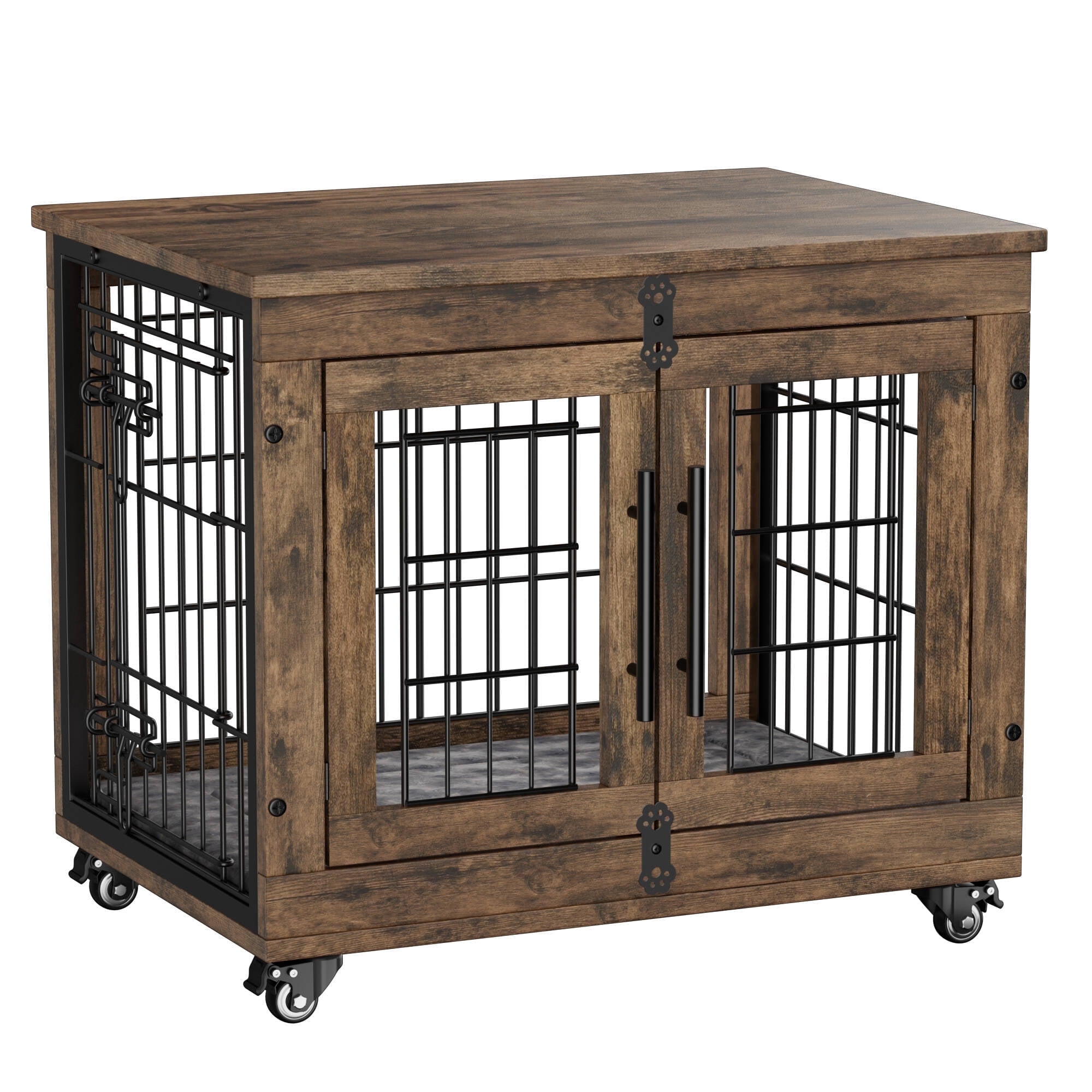 LainTene Wooden Dog Crate Furniture, Double Doors Dog Kennels for Inside with Pads and Wheels, Heavy Duty Dog Cage for Small Dogs, Brown