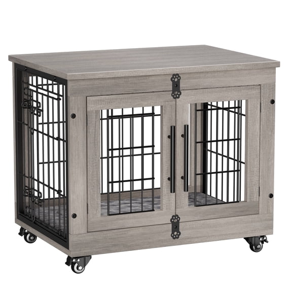 LainTene Wooden Dog Crate Furniture, Double Doors Dog Kennels for Inside with Pads and Wheels, Heavy Duty Dog Cage for Small Dogs, Gray