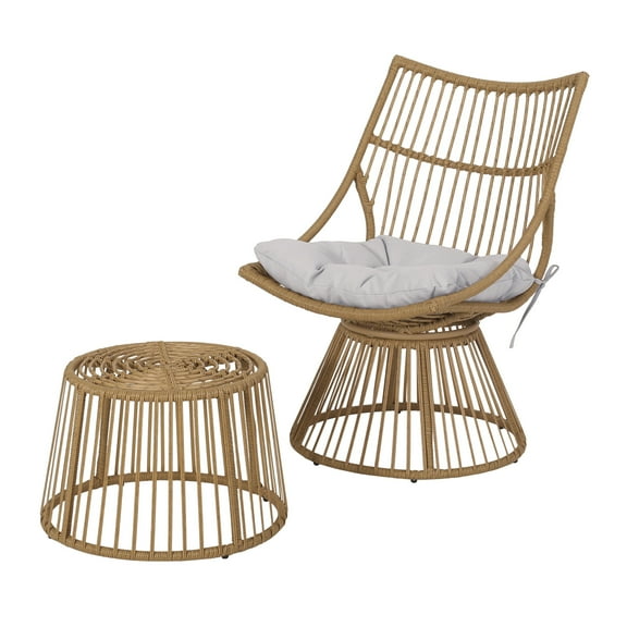 Laine 2 Piece Side Table and Chair Set, Light Brown Outdoor Faux Rattan