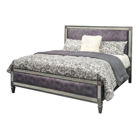 Laine Queen Bed-Glam Crystal Acrylic Trim-Gray Fabric Upholstered
