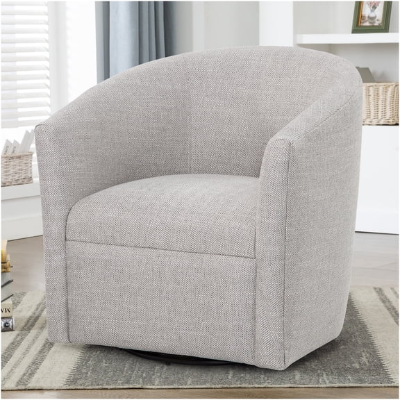 Lainey Beige Polyester Swivel Barrel Chair, 360-Degree Rotation Modern Accent Chair with Herringbone Fabric