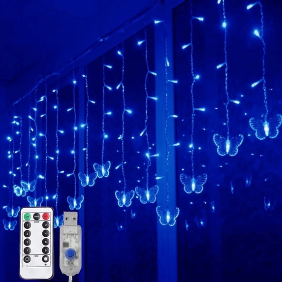 Lainin USB Powered 13FT 96 LED Curtain Lights 16 Butterflies Twinkle Lights 8 Modes Fairy Light Strip for Party Indoor Outdoor Room Garden Wedding Christmas Decor (Blue)