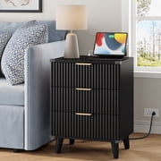 Laintene 3-Drawer Dresser for Bedroom, Nightstand with Charging Station - Modern Fluted with Solid Wood Legs, 2 AC Outlets & 2 USB Ports, Small End Table with Storage, Black