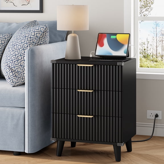 Laintene 3-Drawer Dresser for Bedroom, Nightstand with Charging Station - Modern Fluted with Solid Wood Legs, 2 AC Outlets & 2 USB Ports, Small End Table with Storage, Black