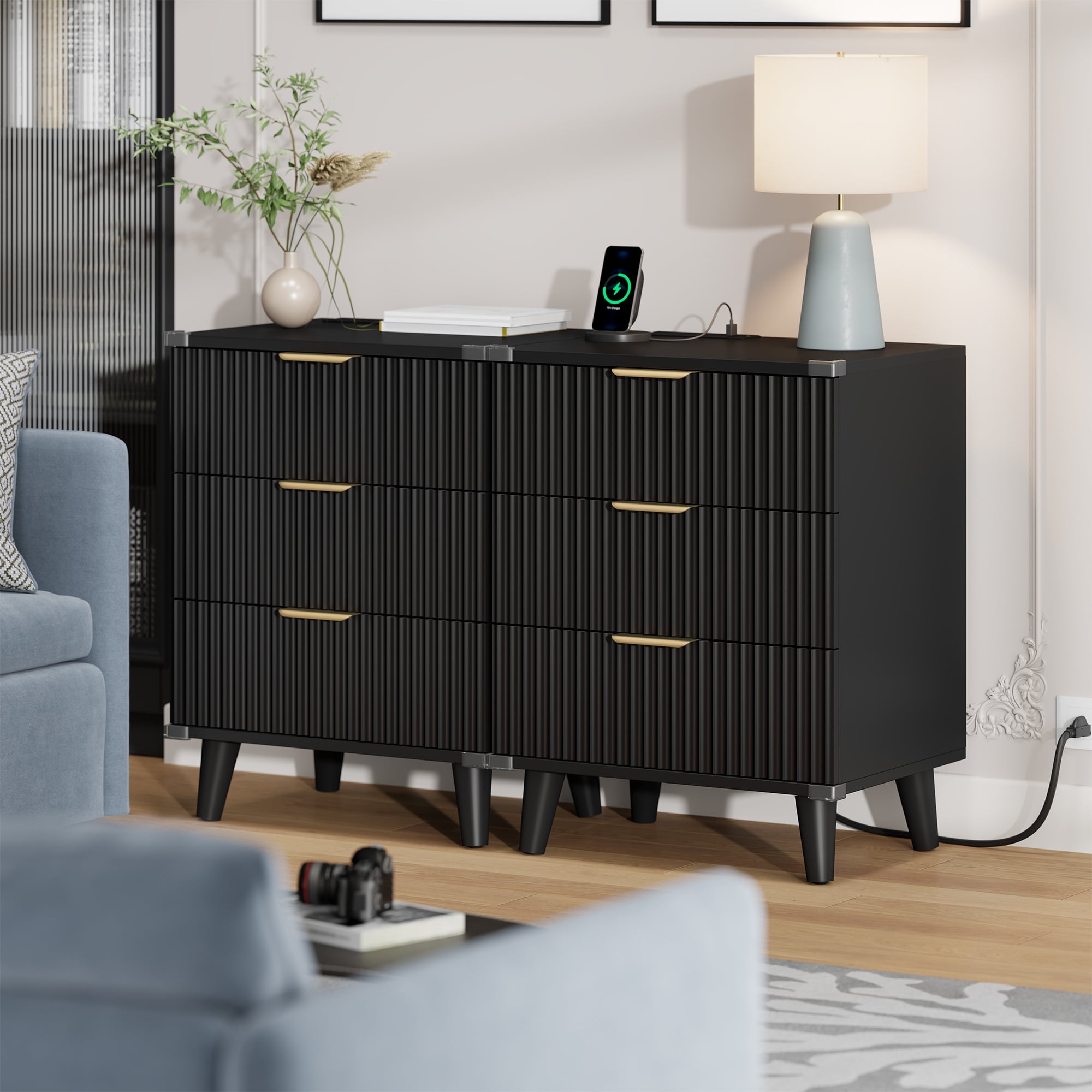 Laintene 3-Drawer Dresser Set of 2, Nightstand with Charging Station - Modern Fluted with Solid Wood Legs, 2 AC Outlets & 2 USB Ports, Small End Table with Storage, Black