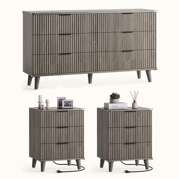 Laintene 3-Piece Boho Bedroom Set - 6-Drawer Dresser & 2 Nightstands with 3 Drawers & USB Charging, Fluted Wooden Storage, Modern Dresser & Nightstand Combo, Dark Grey Oak