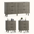 thumbnail image 1 of Laintene 3-Piece Boho Bedroom Set - 6-Drawer Dresser & 2 Nightstands with 3 Drawers & USB Charging, Fluted Wooden Storage, Modern Dresser & Nightstand Combo, Dark Grey Oak, 1 of 12