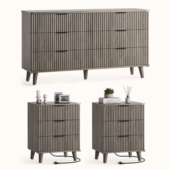 Laintene 3-Piece Boho Bedroom Set - 6-Drawer Dresser & 2 Nightstands with 3 Drawers & USB Charging, Fluted Wooden Storage, Modern Dresser & Nightstand Combo, Dark Grey Oak