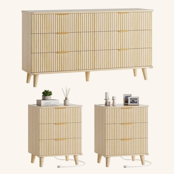 Laintene 3-Piece Boho Bedroom Set - 6-Drawer Dresser & 2 Nightstands with 3 Drawers & USB Charging, Fluted Wooden Storage, Modern Dresser & Nightstand Combo, Natural