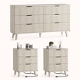 thumbnail image 1 of Laintene 3-Piece Boho Bedroom Set - 6-Drawer Dresser & 2 Nightstands with 3 Drawers & USB Charging, Fluted Wooden Storage, Modern Dresser & Nightstand Combo, White Oak, 1 of 13