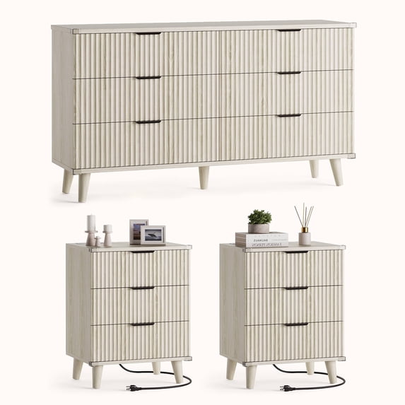 Laintene 3-Piece Boho Bedroom Set - 6-Drawer Dresser & 2 Nightstands with 3 Drawers & USB Charging, Fluted Wooden Storage, Modern Dresser & Nightstand Combo, White Oak