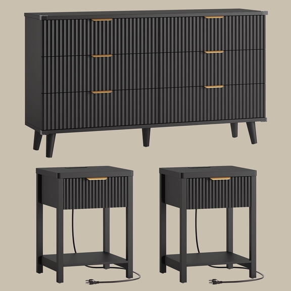 Laintene 3-Piece Boho Bedroom Set - 6-Drawer Dresser & 2 Nightstands with Drawer & USB Charging, Fluted Wooden Storage, Modern Dresser & Nightstand Combo, Black
