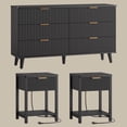 thumbnail image 1 of Laintene 3-Piece Boho Bedroom Set - 6-Drawer Dresser & 2 Nightstands with Drawer & USB Charging, Fluted Wooden Storage, Modern Dresser & Nightstand Combo, Black, 1 of 12