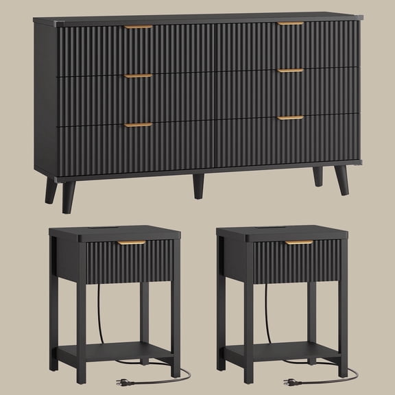 Laintene 3-Piece Boho Bedroom Set - 6-Drawer Dresser & 2 Nightstands with Drawer & USB Charging, Fluted Wooden Storage, Modern Dresser & Nightstand Combo, Black